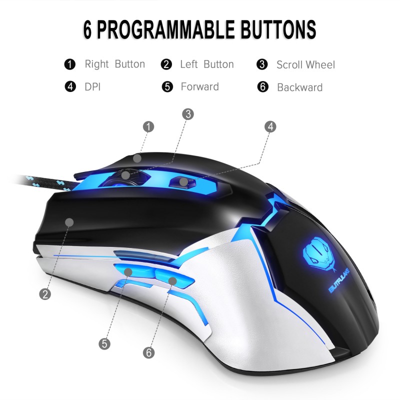 Gaming Mouse Wired,Programmable Ergonomic Gaming Mice with 3200 DPI, Blue LED, 6 Buttons for PC, Laptop, Computer, Windows, Vista Linux, Black