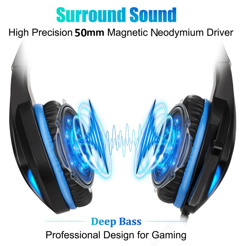 GH-2 3.5mm Game Gaming Headphone Headset Earphone Headband with Microphone LED Light for Laptop Tablet Mobile PhonesMobile phones or PS4 /PS4 pro/PS4 slim/Xbox one/Xbox one S/Xbox one X-blue